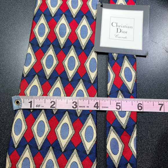 Christian Dior Mens Tie Necktie Multicolor Diamond 100% Silk Tied Wide Short New - Picture 5 of 6